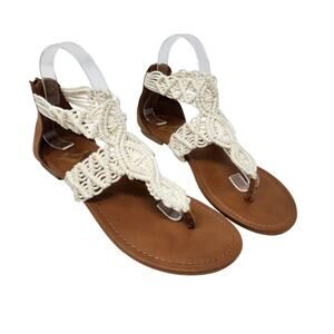Report Zip Up Back Boho Macramé Flat Sandals Ankle Strap White Brown Size 8.5